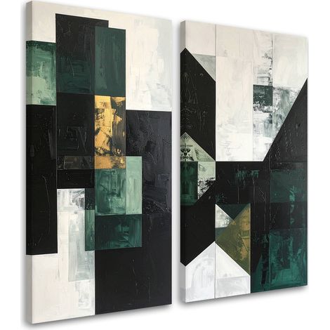 Tableaux sur toile lot  Abstraction géométrique verte texturée 2 x 20x40