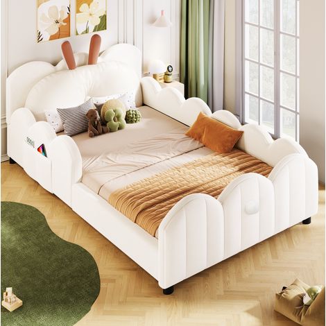 Letto a piattaforma imbottito 90x200 cm beige con testiera a coniglio, MDF e velluto (1/5)