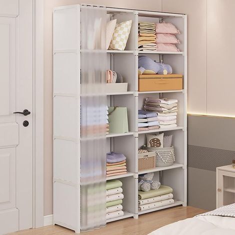 Armoire porte-manteaux avec étagères en tube d'acier – 3 zones de rangement – Rideau en plastique PP résistant à la poussière – Pour chambres et vestiaires (1/3)