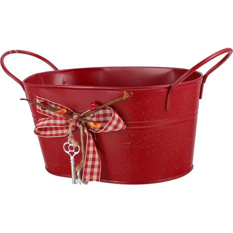 Seau à fleurs Hemoton, élégant de rangement ovale en fer au design rétro avec nœud rouge (1/5)