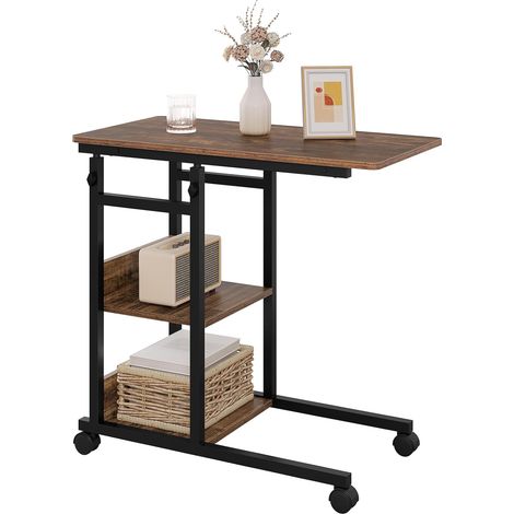WOLTU Table d'Appoint avec roulettes, 40P x 80l x 96H cm, Table Basse en Bois d'Ingénierie et Métal, Bout de Canapé, Marron Rustique + Noir (1/5)