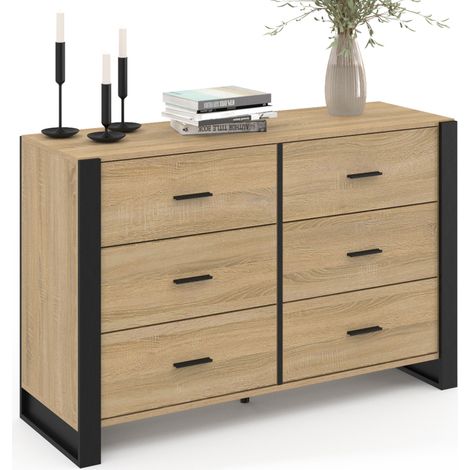 Idmarket – Commode enfant 6 tiroirs 115 cm – Largeur 40 cm – Hauteur 75 cm – Structure en bois mélaminé noir et bois (1/5)