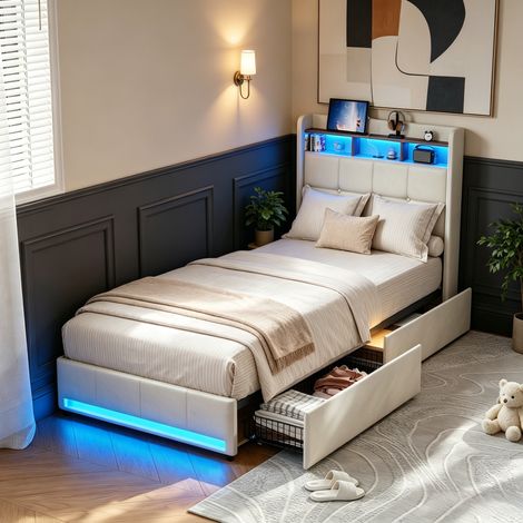 JOOKGBD-Polsterbett 90x200cm,Jugendbett mit LED Beleuchtung und Stauraum,Schlafsofa Einzelbett mit Bettkasten,Tagesbett Gästebett mit Lattenrost,für Kinder und Jugendliche,leinen,Beige