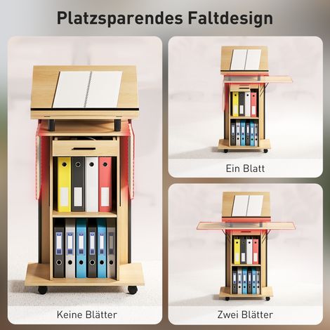 Pupitre mobile sur roulettes, lutrin avec ailes latérales pliantes, table pour PC portable avec tiroir et étagères, finition chêne (1/4)