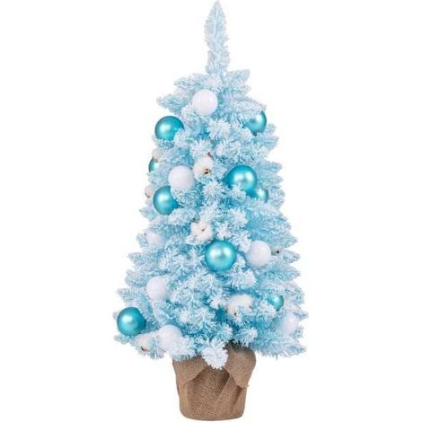 Sapin de Noël artificiel bleu 90 cm avec branches floquées, boules décoratives et base en ciment pour salon, table et fête (1/5)