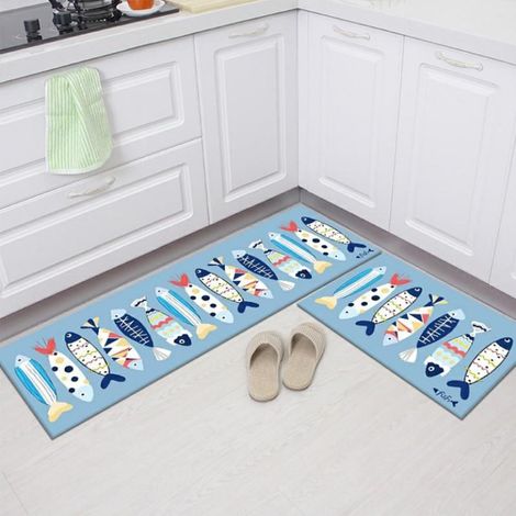 Tapis de Cuisine Lavable en Machine Le Poisson Bleu Tapis Cuisine Devant Evier Long Antidérapant et Lavable Tapis de Sol Cuisine et Lavable Décoratif Salon Couloir