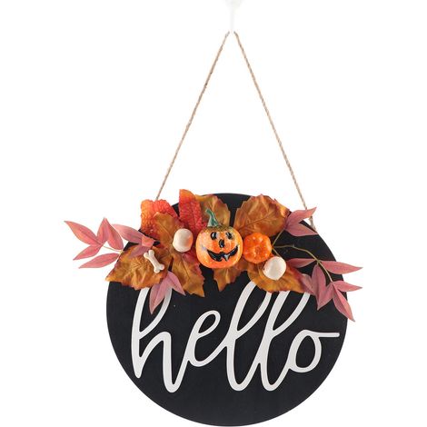 Panneau de porte en bois rond style ferme, décoration d'Halloween et Noël avec feuille violette et citrouille (1/5)