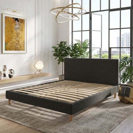 Lit prince 180x200 cm - Tissu gris foncé- Robuste et confortable - Tête de lit incluse (1/3)