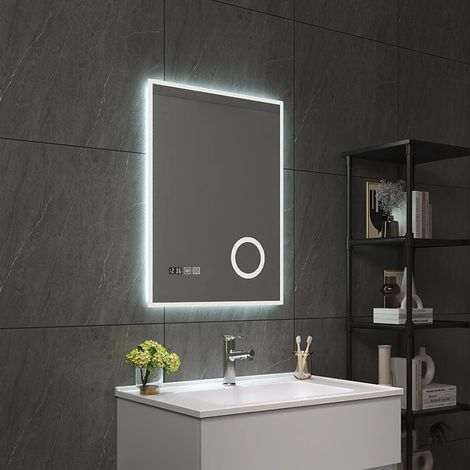 Espejo de pared con LED Lizzano para baño IP65 con antivaho y lupa aluminio 70 x 50 x 3 cm - Blanco [pro.tec]