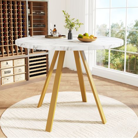 Mesa de comedor redonda 80x80x75 cm en MDF blanco y metal dorado, fácil de montar FloraGrace (1/5)