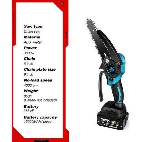 1200-W-Akku-Kettensäge, 6-Zoll-Mini-Kettensäge für Makita 18V – Einstellbare Geschwindigkeit zum Holzschneiden – Blau mit 2 Akkus (1/4)