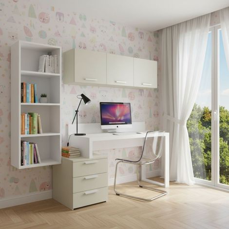 Angolo libreria design con cubotti e cassettiera - Soluzione moderna e salvaspazio - Bianco ed Ecru Cappuccino
