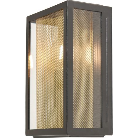 Litecraft Harris Wall Light Outdoor Box Lantern With Brass Mesh Insert - Black (1/5)
