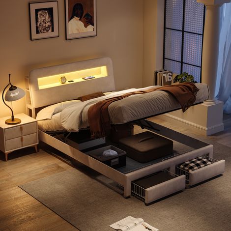 letto matrimoniale 160x200,letto matrimoniale contenitore,con cassetti,caricabatterie USB, luce LED regolabile, velluto, bianco sporco (1/5)