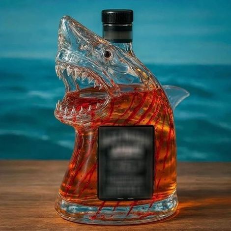 Decantador de whisky de 300 ml con forma de tiburón: exclusivo vaso de cristal transparente con grabado de tiburón, hombres, un vaso único (1/5)