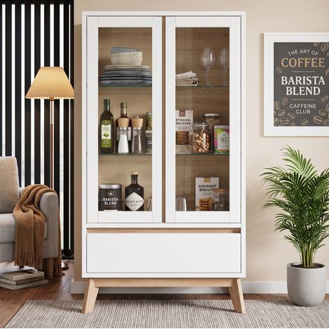 Hochschrank 80 x 40 x 150 cm aus Spanplatte, weiß und Holzoptik – MEUBLIV (1/5)