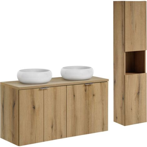 Ensemble VANO Eichenoptik 150cm: Unterschränke mit Schränken + Platte für Waschbecken + runde weiße Aufsatzwaschbecken + Säule