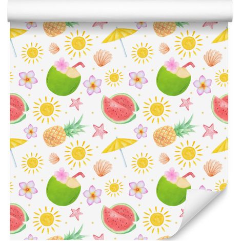 Carta da parati estiva bianca, crema, corallo e lime per soggiorno e camera da letto 50x1000 cm (1/5)
