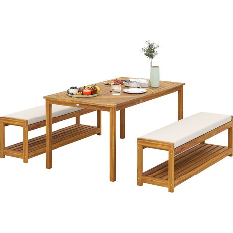Table de jardin teck avec trou parasol et 2 bancs 150x85x75 cm