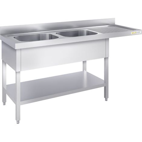 Plonge lave-vaisselle inox 2 bac 1600x600 mm avec égouttoir à droite PREMIUM - GOLDINOX (1/4)