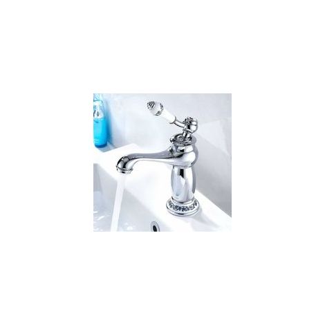Grifo monomando de latón macizo para lavabo – Acabado en blanco y negro – Interruptor de agua caliente/fría – Ahorro de agua del 30 %