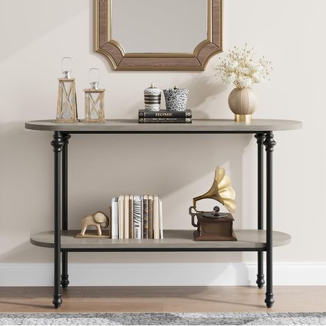 Console 43" avec rangement – Table d'entrée 2 niveaux – Structure en métal et panneaux MDF – Idéale pour salon, couloir et entrée – Gris (1/5)