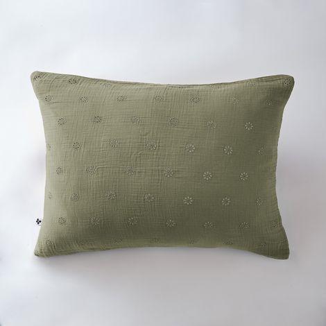 Taie d'oreiller brodée en gaze de coton 50 x 70 cm Gaïa Boho Vert kaki (1/3)