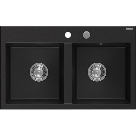 Mexen Hektor 2-Kammer Granitspüle 800 x 480 mm, schwarz, Siphon Chrom - 6521802000-77