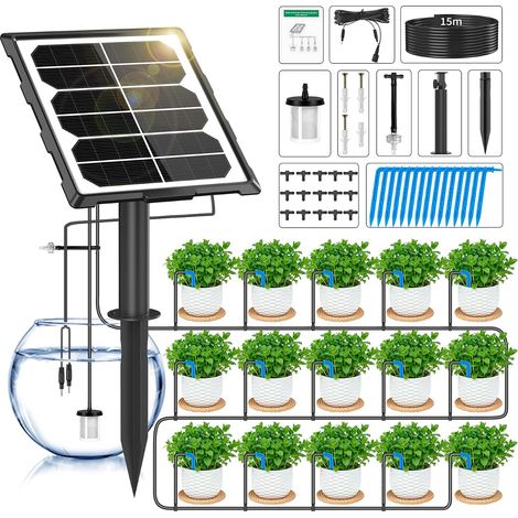 Arrosage Automatique Solaire pour Jardin avec Capteur D'eau, Kits D'arrosage Automatiques Goutte à Goutte 6 Modes + 15M Tuyau pour Jardin, Balcon, Plantes (1/5)