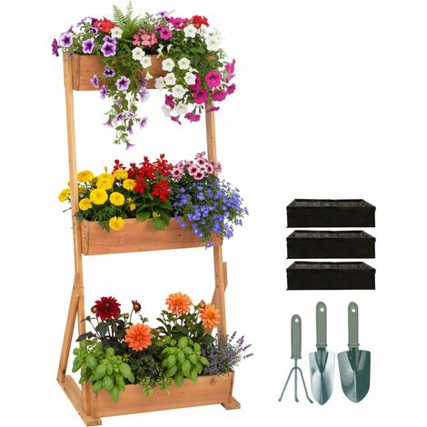 Relaxdays Vertikalbeet, Holz, HBT: 140x60x50 cm, Hochbeet 3 Kästen, Etagenbeet Balkon, Terrasse, Vlies & Zubehör, braun