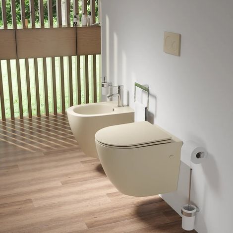 Sanitari sospesi in ceramica khaki opaco vaso rimless sedile soft close e bidet Europa Small (1/4)