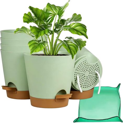 Pot de Fleurs Vert 17.8cm 6 Pièces, Pot à Arrosage Automatique Plastique Réutilisable, Pot de Rempotage Pliable Pratique pour Plantes d'Intérieur Balcon Jardin Maison (1/5)