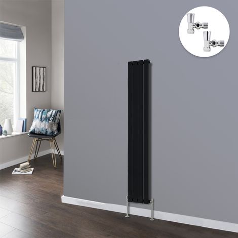 Flat Panel Design Radiator Bathroom Central Heating Radiators Black with Angled Manual Pair of Valves 1600 x 272mm Vertical Single