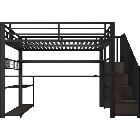 Cama alta de metal 140 x 200 cm con LED, escritorio, armario y almacenaje, negro (1/5)