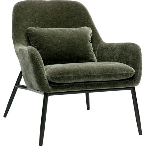 Poltrona design in tessuto effetto velluto verde cachi e metallo nero MAXINE