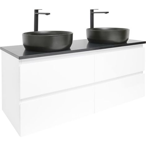 Ensemble meuble avec plan en pierre reconstituée Technistone et 2 mitigeurs et 2 vasques - SAT - B-Way - 119x50x45 - Blanc