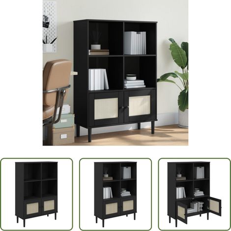 Holzregal - Bücherschrank SENJA Rattan-Look Schwarz 90x35x130cm Kiefernholz (1/5)