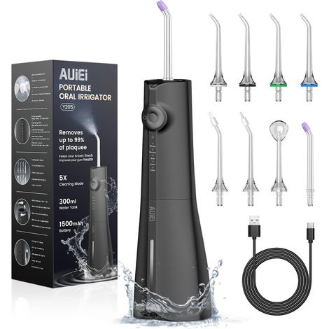 Jet Dentaire Hydropulseur Portable Water Flosser, Irrigateur Oral 5 Modes et 8 Buses,Réservoir 300ML, USB Chargé, Étanche IPX7,Convient Gencive Sensible,Noir (1/5)