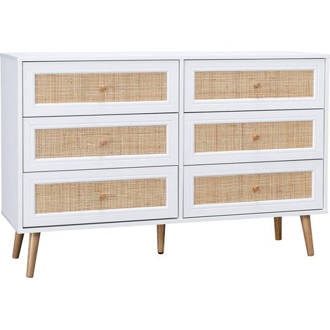 6-drawer chest with wood and cane effect, Boheme, White, 120x39x79 cm (1/5)