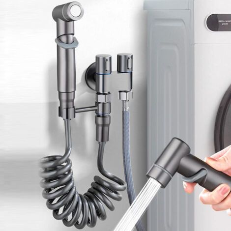 Fuleadture Pistolet de douche avec tube à ressort télescopique de 2 m, gris, débit d'eau réglable, adapté aux chasses d'eau de toilettes. (1/5)