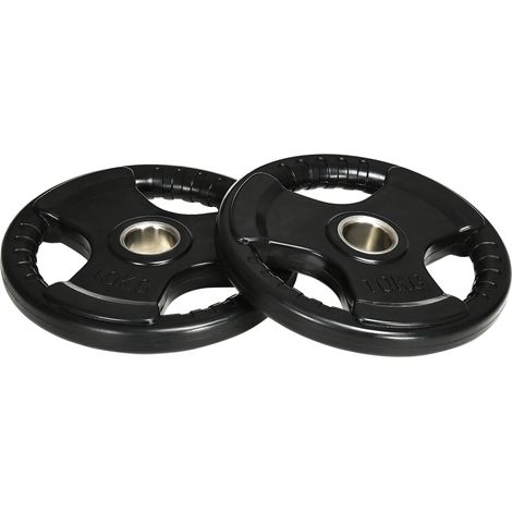 Lot de 2 disques de musculation 10 kg avec 3 poignées et revêtement caoutchouc métal, entraînement fitness