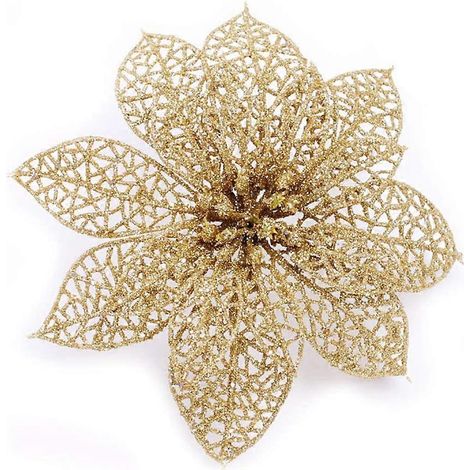 Lot de 30 pics décoratifs dorés à paillettes en forme de poinsettia pour sapin de Noël, couronnes et guirlandes, pour les fêtes de fin d'année et les mariages. (1/4)