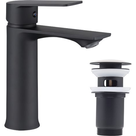 Noir Set Robinet Salle de Bain + Bonde de Lavabo Bonde Pop-up avec Trop-plein Automatique Mitigeur Lavabo avec Bonde Universelle (1/5)