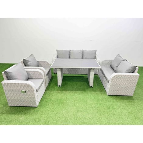 Fimous 7 Seater Garden Furniture Set PE Ratten Garden Sofa Set with Rectangular Dining Table Light Grey (1/4)