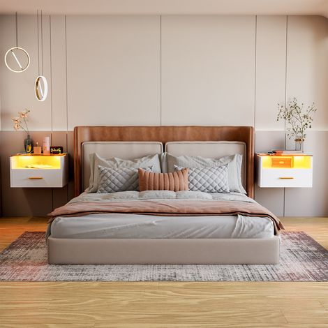 Table de chevet Lot 2 chevets muraux 3 niveaux verre tiroir lampe prise EU 2AC/2USB chambre blanc (1/5)