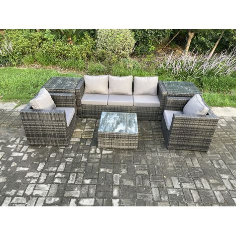 Fimous Wicker 6 Pieces Rattan Garden Furniture Sofa Set with Armchair 2 Side Tables Square Coffee Table Dark Grey Mixed (1/5)