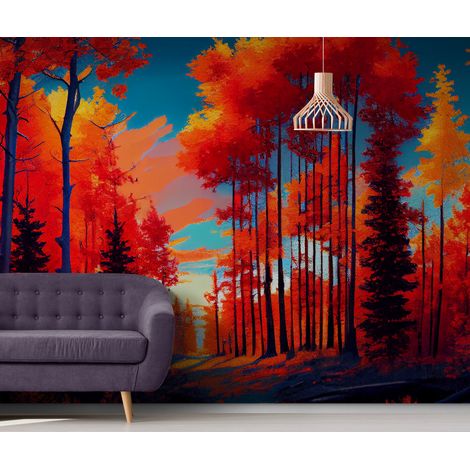 Papier Peint Forêt - Coucher de Soleil en Flammes - 150 x 250 cm (1/2)