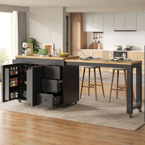 îlot de cuisine extensible 116-179.5cm avec 3 tiroir,tablettes latérales,îlot de cuisine mobile avec rangement,roulettes, plateau,Table de bar,Noir (1/5)