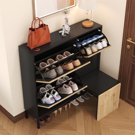 Meuble à chaussures avec 3 Abattants et Banc Escamotable, Rangement Ouvert, Style Moderne, en MDF, Noir et Naturel, 100×25×100 cm (1/5)