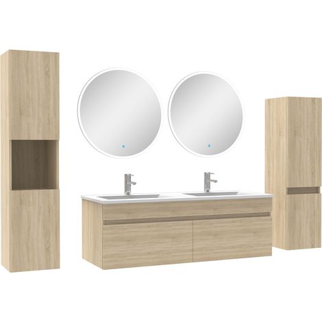 Acezanble meuble Salle de Bain Chêne Wotan 120cm double vasque + colonne + miroir rond LED
